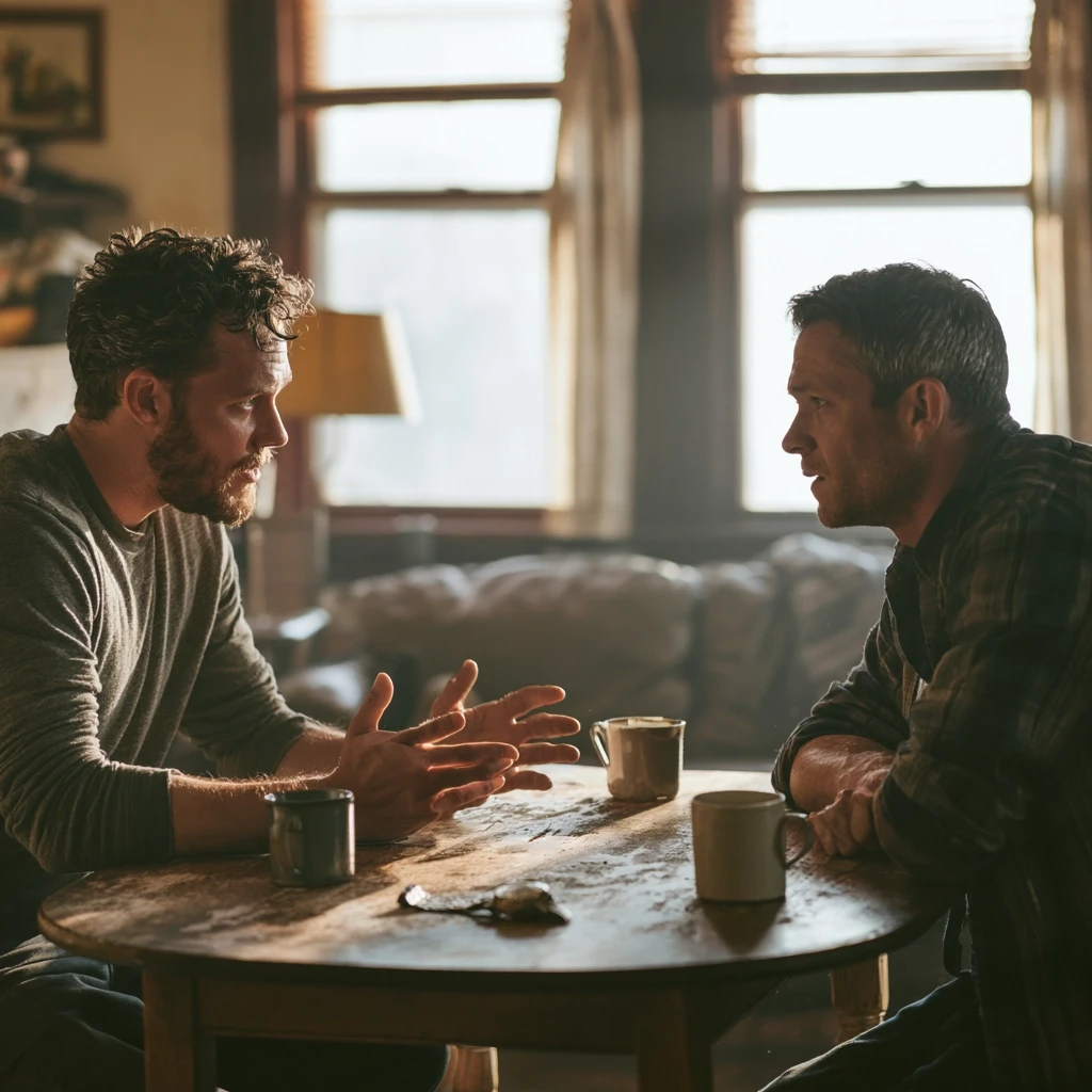 Two men having a serious conversation at a kitchen table in an American home.