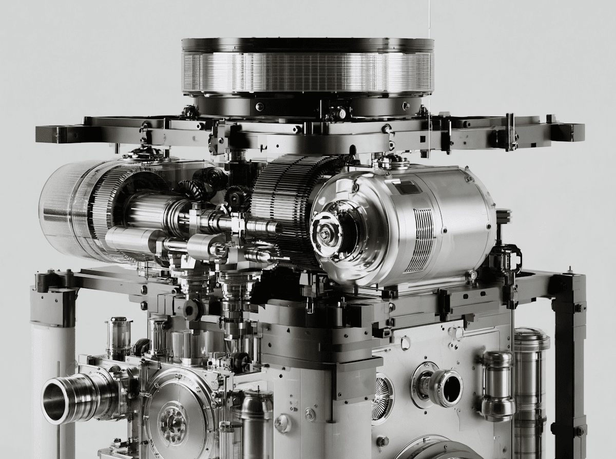 Intricate macro detail of a horizontal mechanical assembly with interconnected rods and micro-engineered space-grade hardware.
