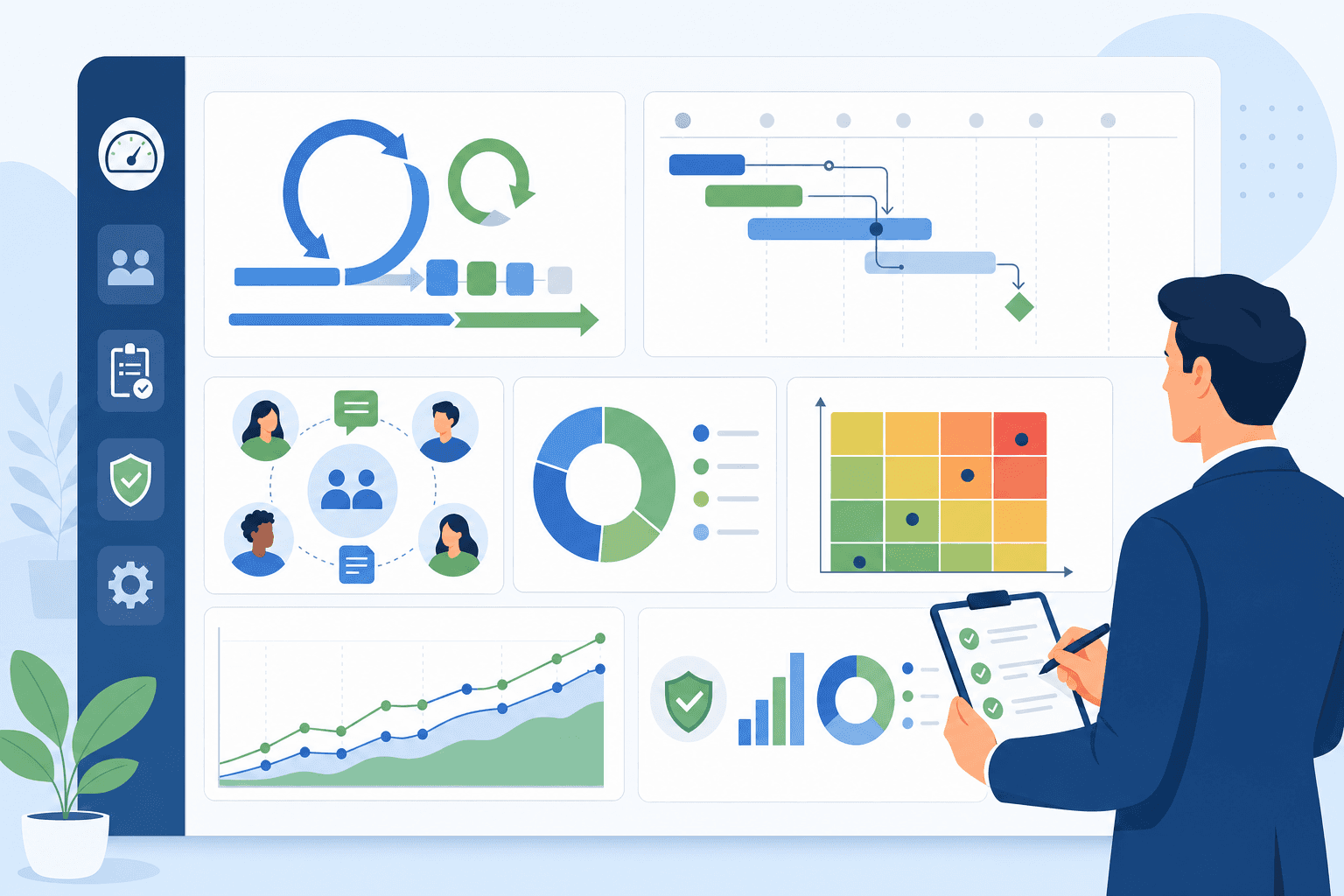 A clean, modern illustration showing project management competencies being evaluated. Visual elements include abstract representations of agile methodology symbols, timeline charts, team collaboration icons, and risk assessment graphs arranged in a professional dashboard layout. Use a clean color palette with blues and greens. Flat design style, professional business illustration, no text or letters.