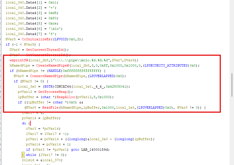 Ein Codeschnipsel in einer Programmierumgebung. Er enthält Funktionen zum Erstellen und Verwalten einer benannten Leitung, zur Fehlerbehandlung und zum Lesen von Daten. Der Code ist zur Verdeutlichung in einem roten Kasten hervorgehoben und enthält verschiedene Datentypen und bedingte Anweisungen.