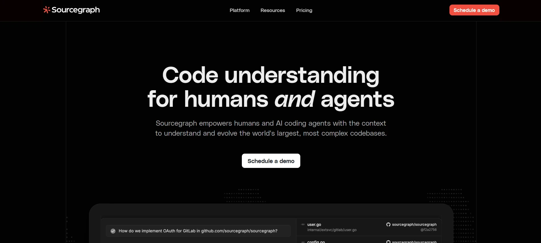 Sourcegraph homepage featuring "Code understanding for humans and agents" headline and dark UI.