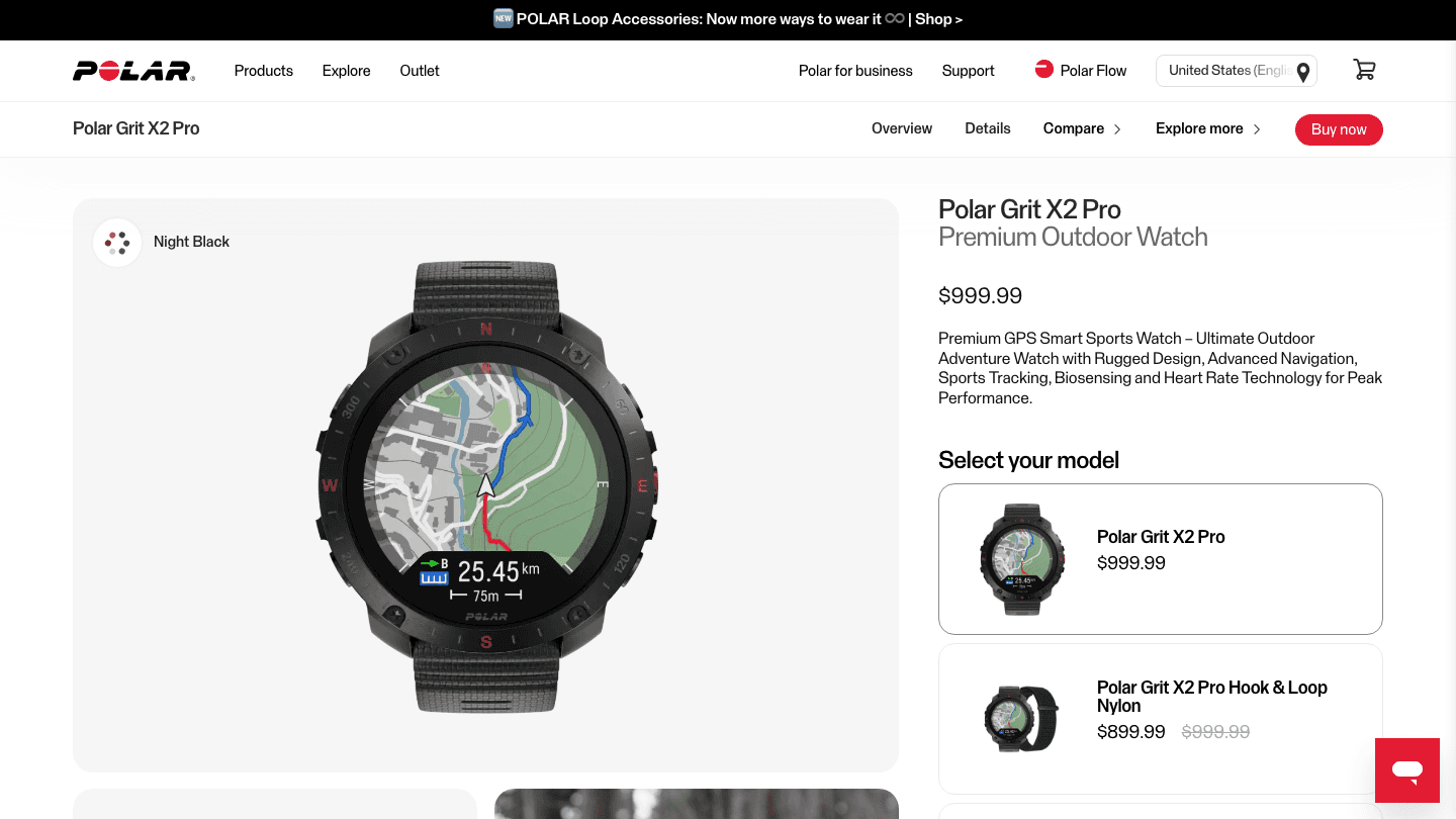 Polar Grit X2 Pro product page showing the watch face and $999.99 price