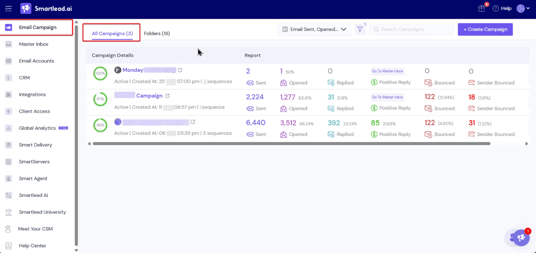 Smartlead campaign list with sent, opened, replied and bounced counts for three running sequences