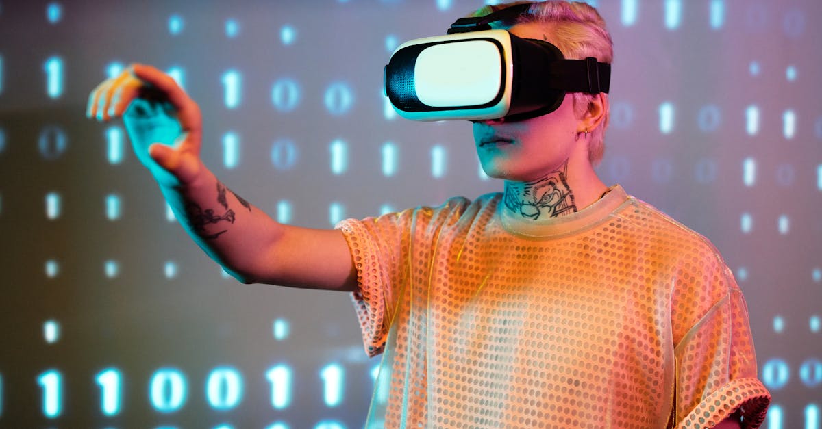 A person experiences virtual reality with a headset against a background of binary code.