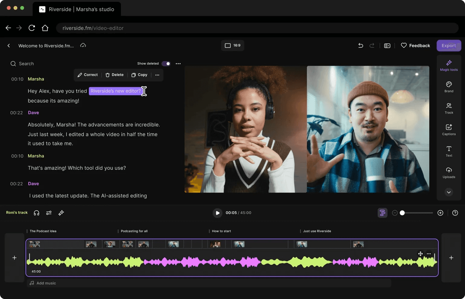 Riverside's text-based video editor