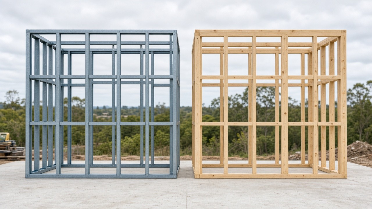 Illustrative concept image of steel vs timber framing in queensland