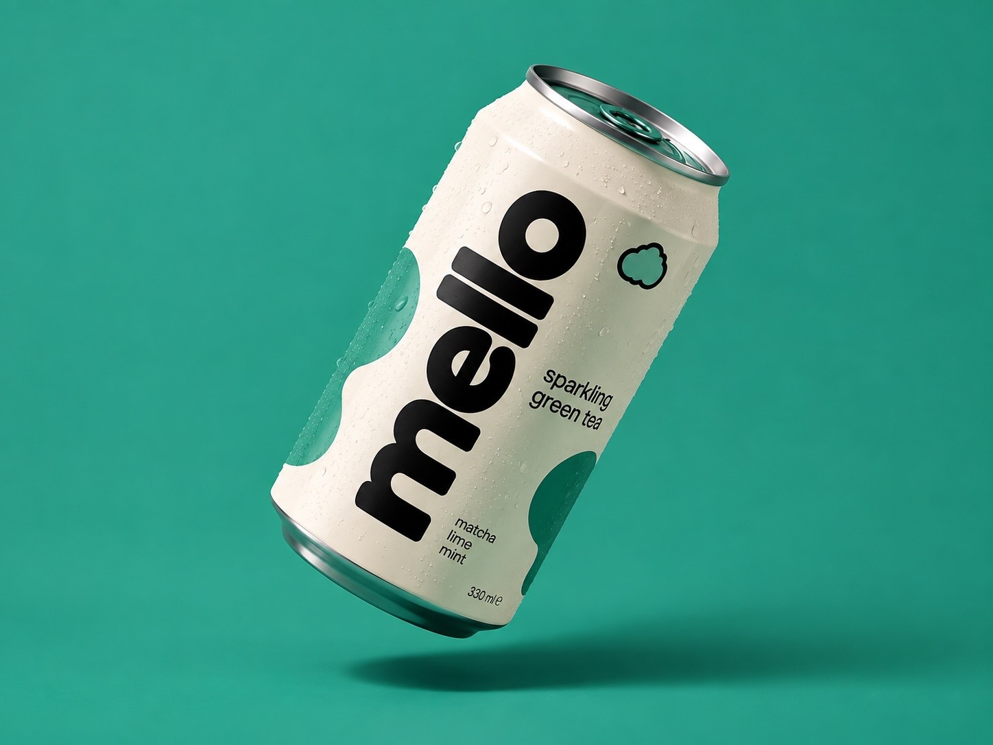 Mello sparkling green tea can floating against a teal background