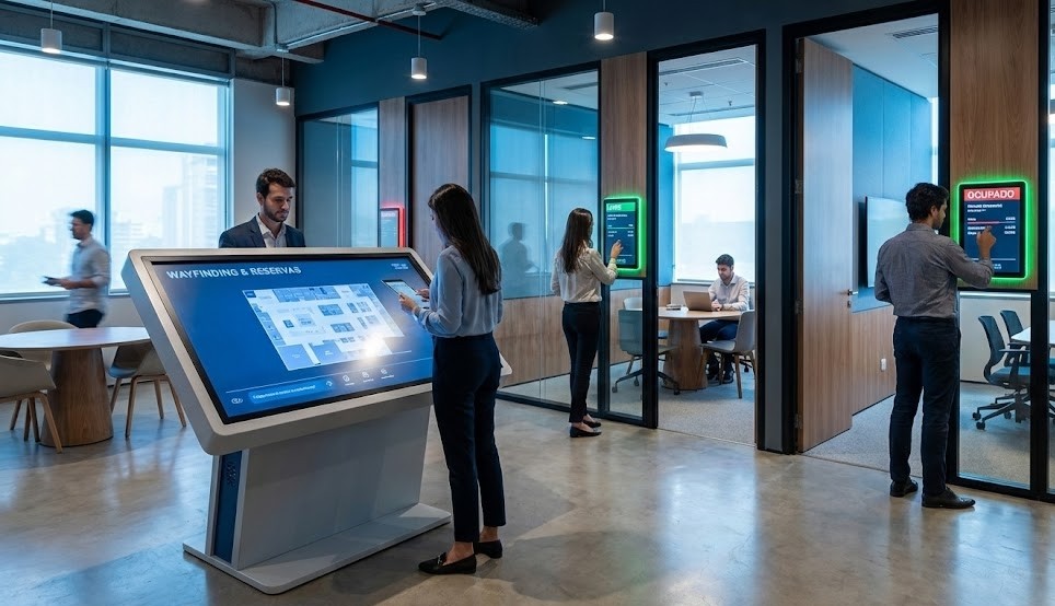 Um lobby moderno de coworking com profissionais a interagir com tecnologia digital. Em primeiro plano, uma mulher utiliza um quiosque interativo de orientação ("WAYFINDING & RESERVAS"). Ao fundo, outros indivíduos usam ecrãs táteis instalados nas portas de salas de reunião de vidro, que indicam disponibilidade com luzes verdes ("LIVRE") e vermelhas ("OCUPADO"), além de nomes e horários. O espaço é iluminado por uma mistura de luz natural e artificial, com uma paleta de cores que inclui azuis frios, cinzas e acentos de madeira.