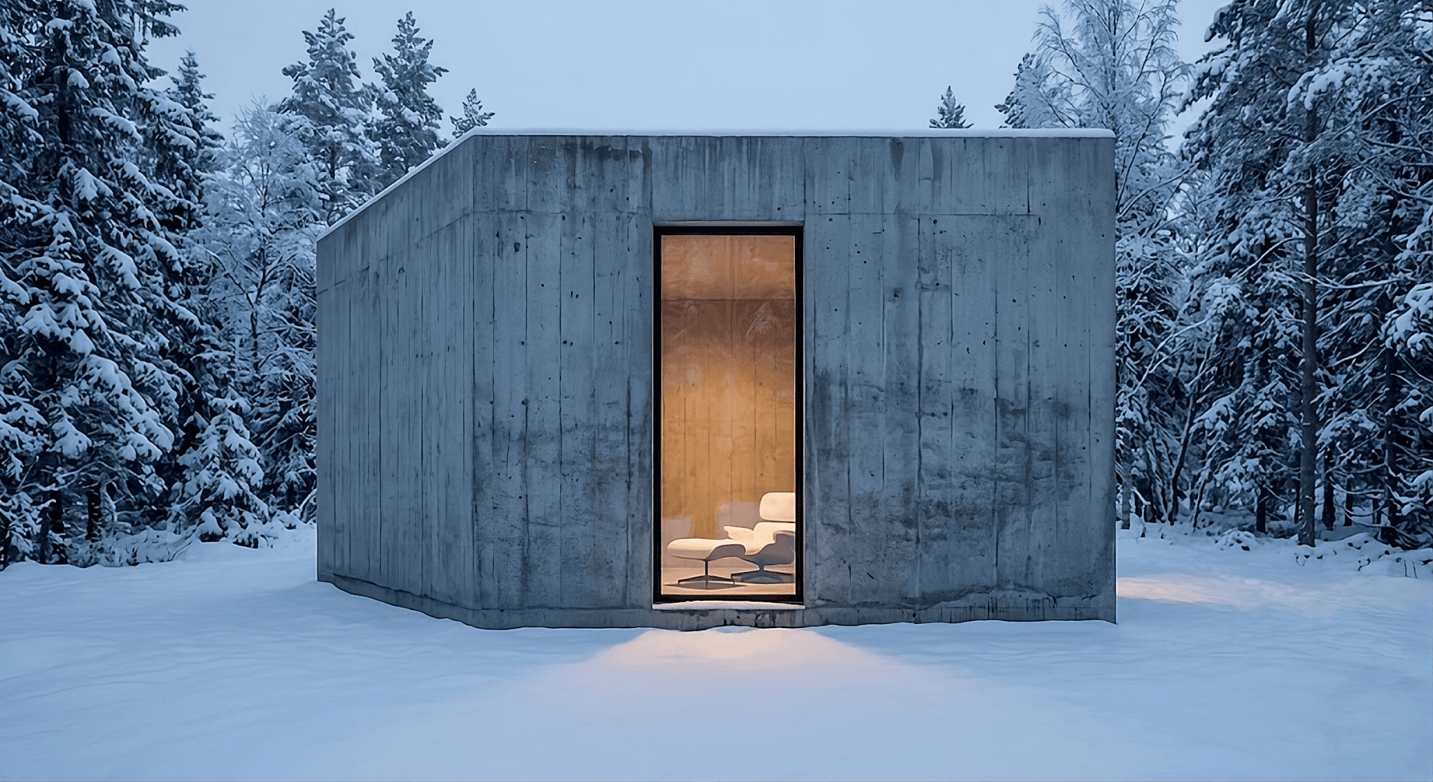 Modern concrete structure in snowy forest with lit interior