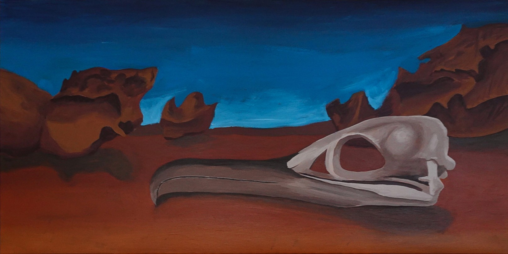 Desert skull — acrylic landscape painting of animal skull in red rock canyon, 40x80 acrylic on canvas