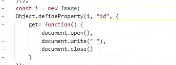 Ein Ausschnitt aus dem JavaScript-Code zeigt die Erstellung eines neuen Image-Objekts und die Definition einer Eigenschaft mit einer Getter-Funktion, die das Dokument bearbeitet.
