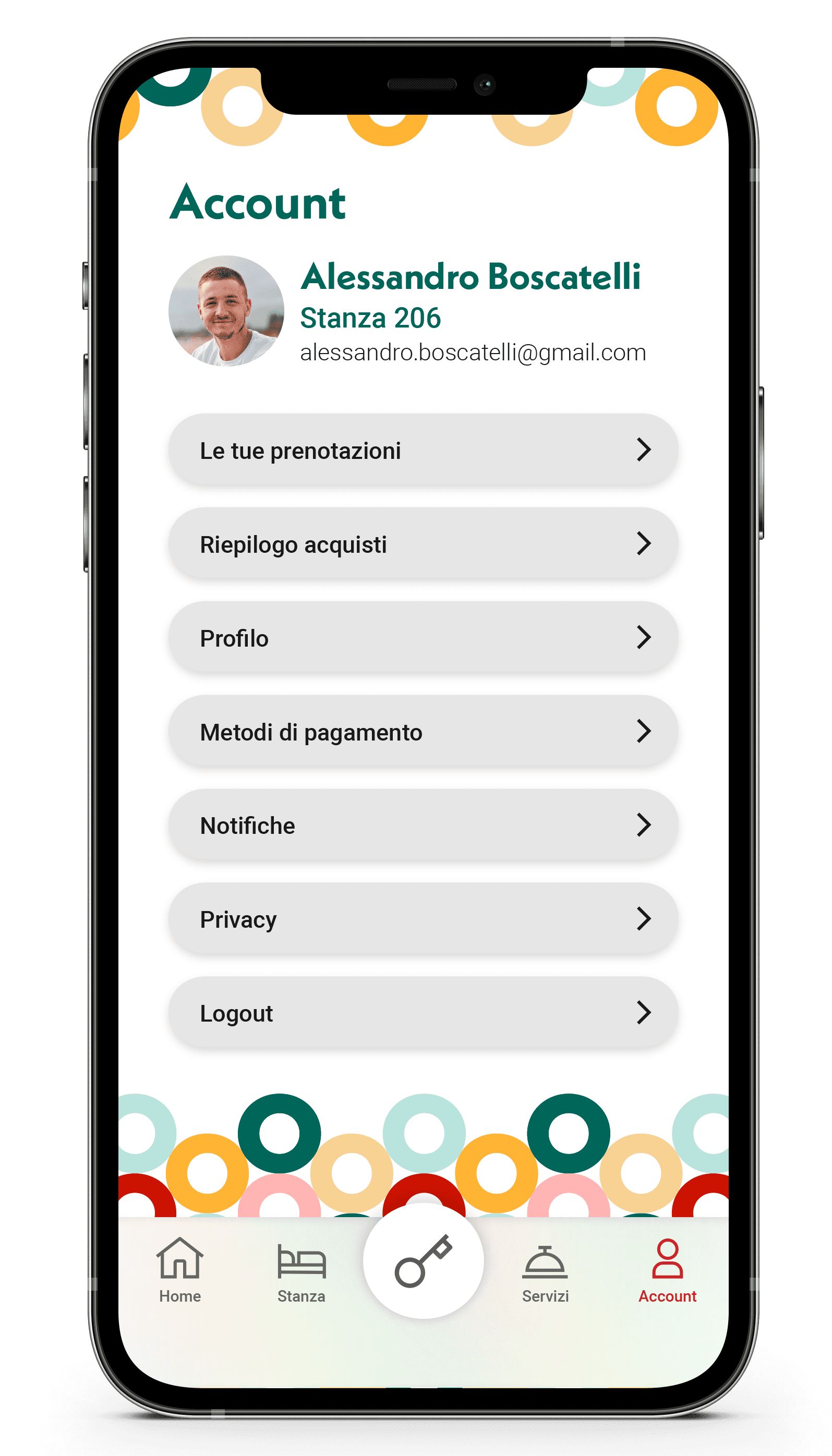 Schermata app, pagina gestione account