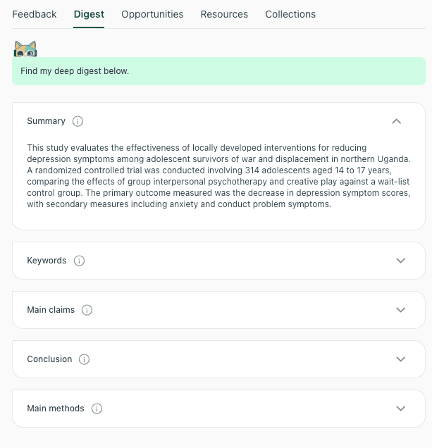 thesify Digest tab showing Theo’s deep digest summary of a randomized controlled trial on depression interventions for adolescent survivors of war in Uganda, with sections for summary, keywords, main claims, conclusion and main methods.