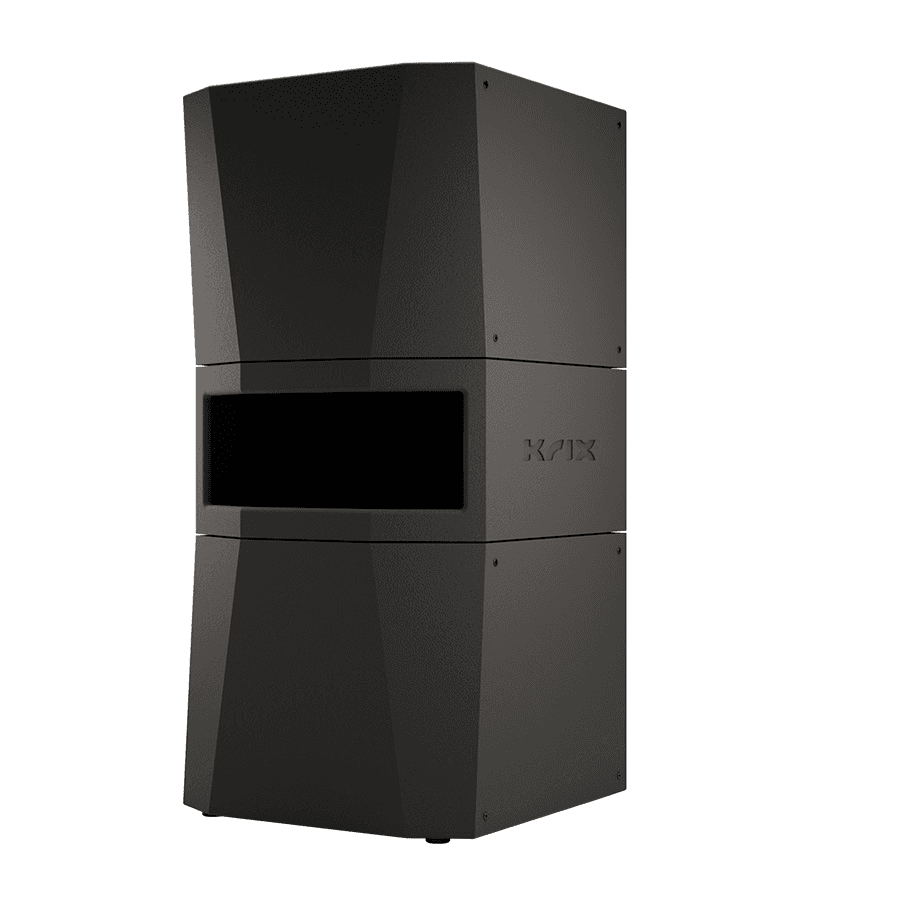 Black Krix loudspeaker with a rectangular grill