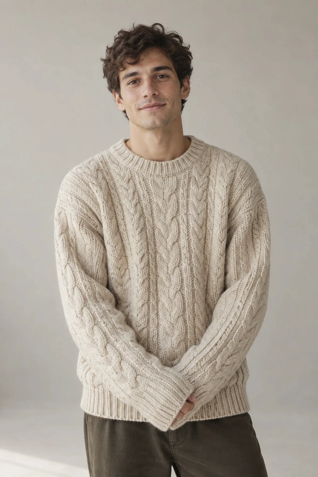 Man in an oatmeal cable knit sweater