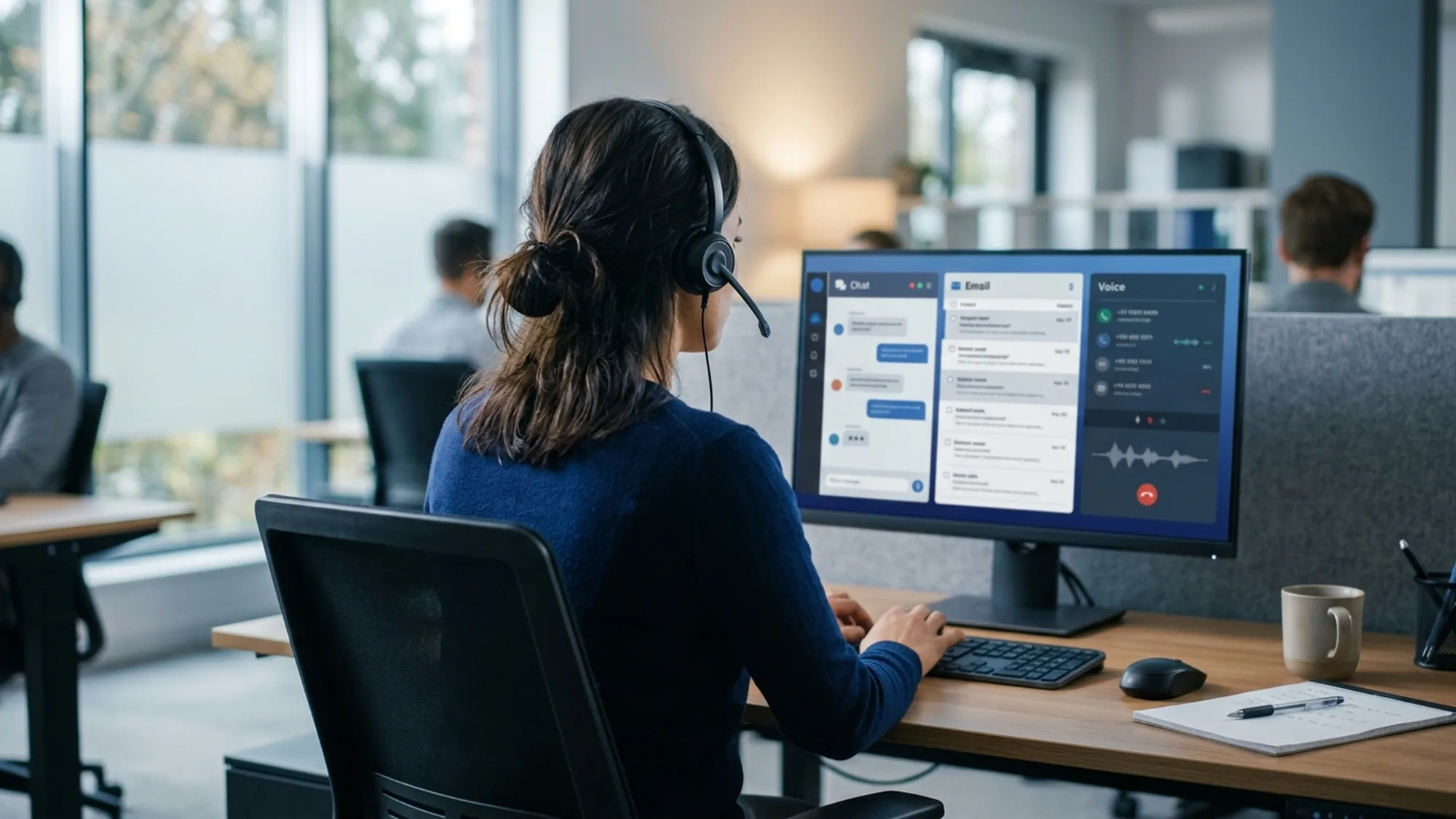 Contact centre agent handling voice, chat and email in one omnichannel interface