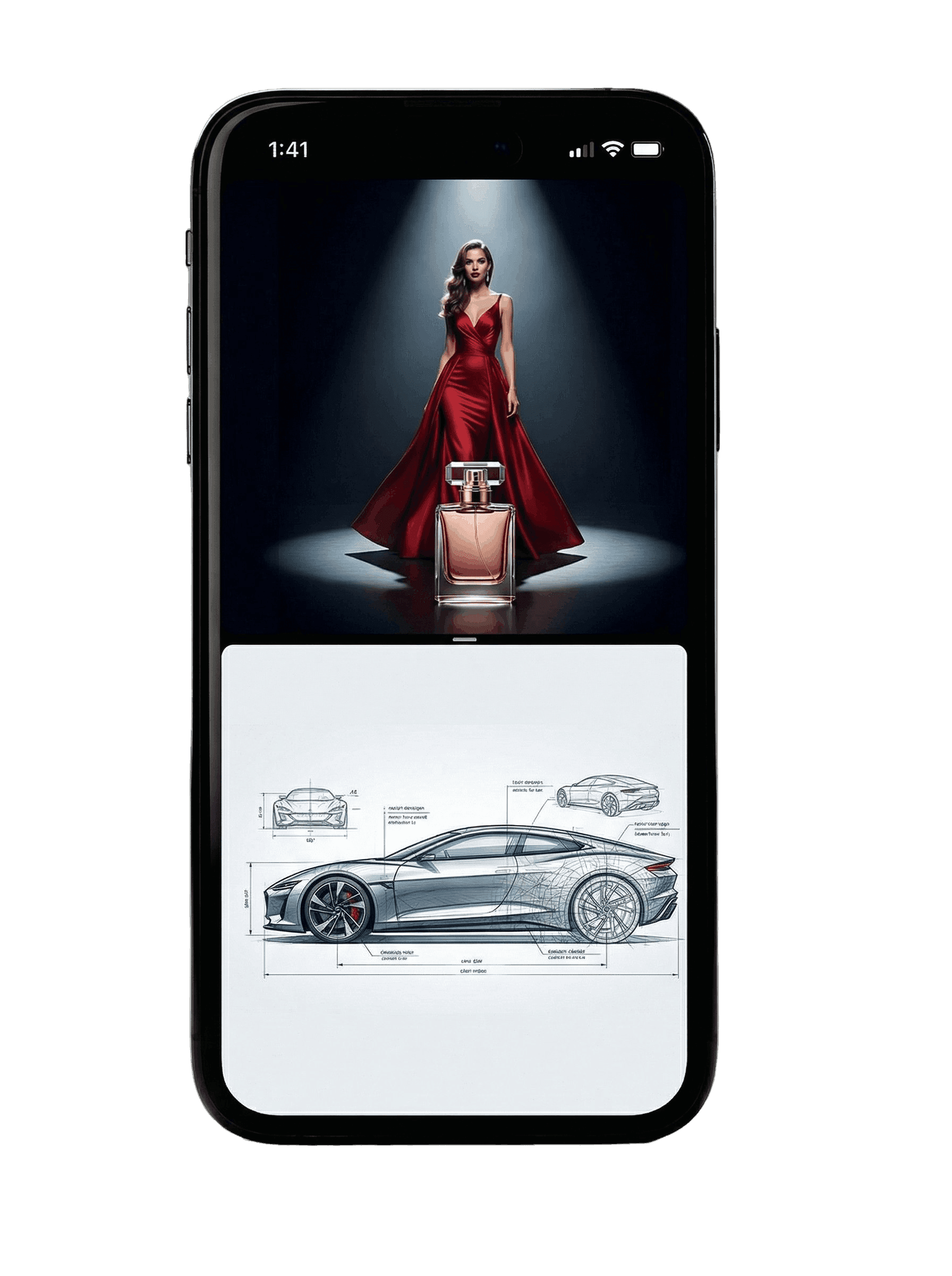 a smartphone shows on top half a woman in a red dress and under it a car concept