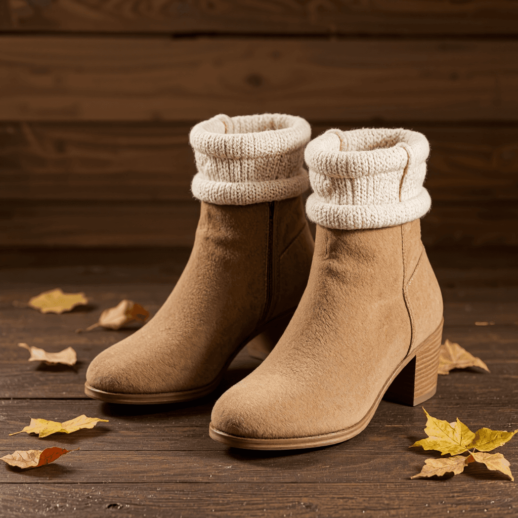 product photography of a pair of ankle boots with a knitted cuff, designed for casual wear