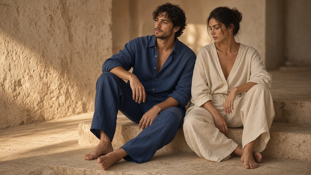 Two models in indigo and ivory linen sitting on stone steps