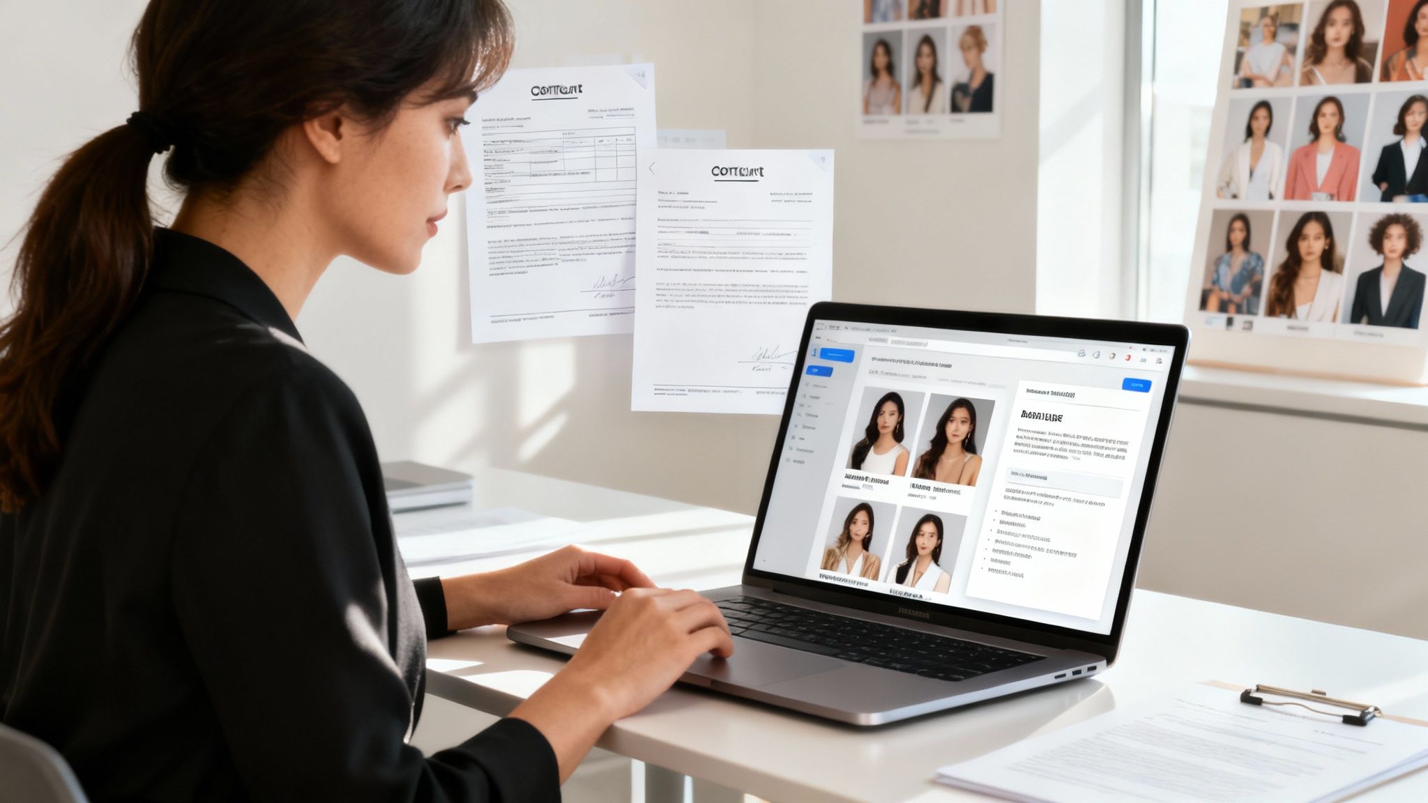 A group of marketing professionals collaborating around a laptop, planning an influencer campaign.