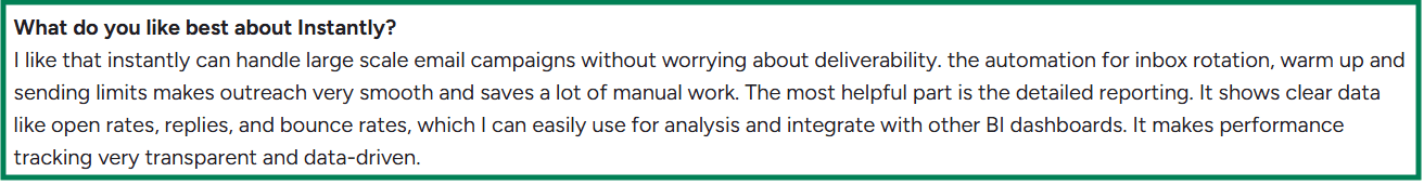 Instantly G2 review about sending cold emails at scale