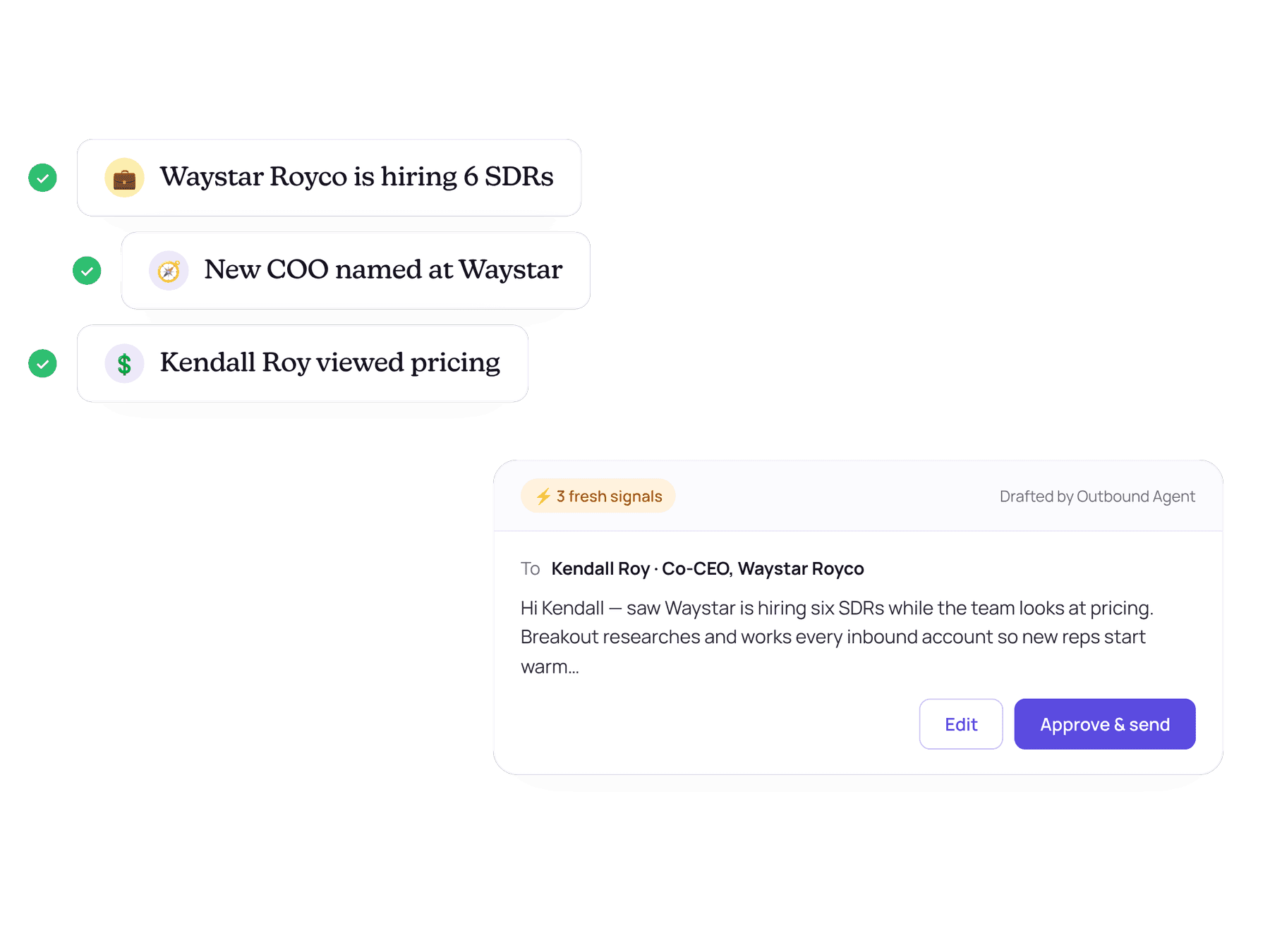 Fresh buying signals for an account and the outreach email drafted from them