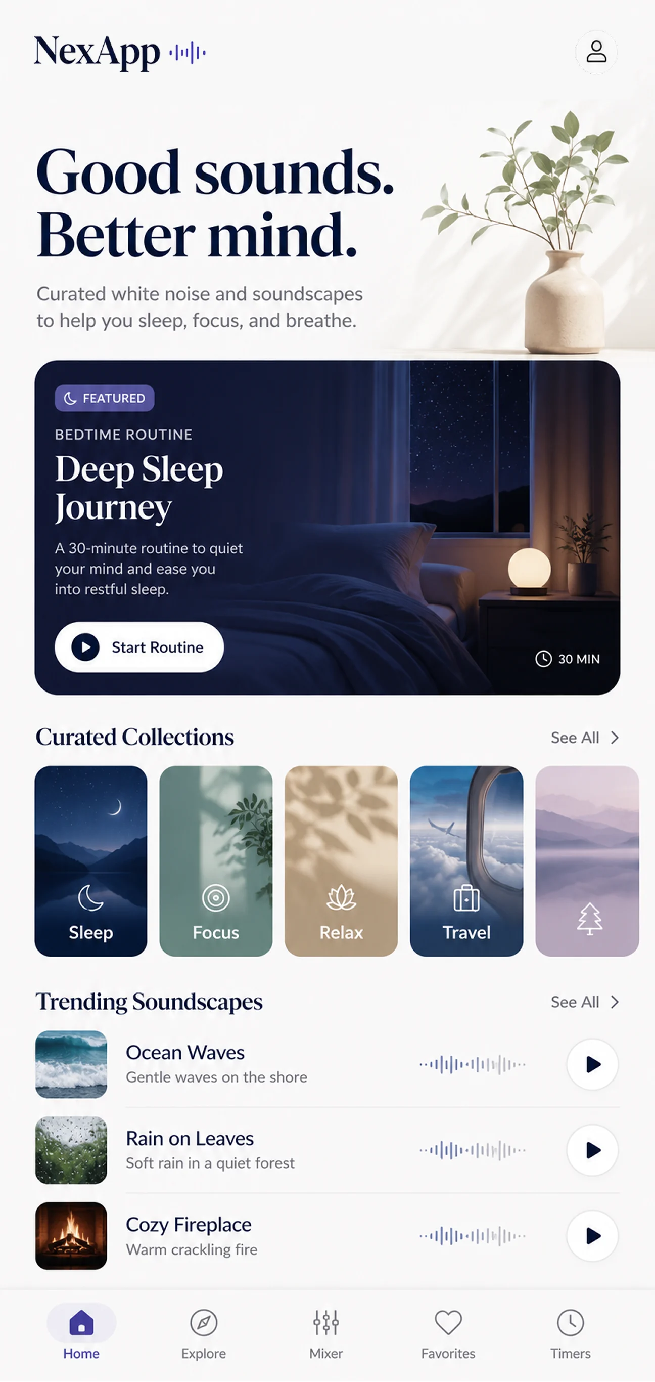 NexApp home screen featuring a deep sleep routine, curated sound collections, and trending soundscapes.