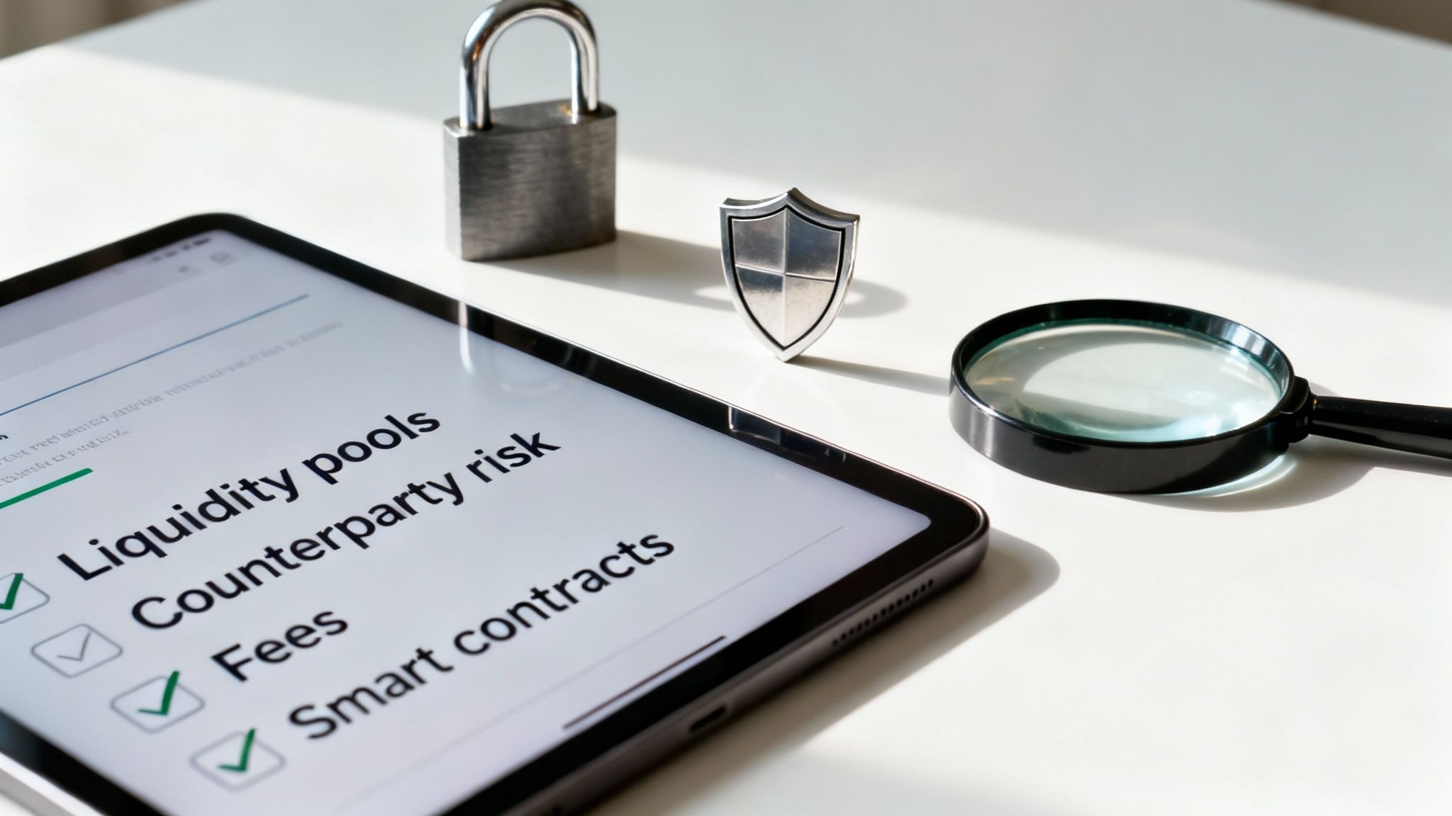 Tablet showing a DeFi checklist including liquidity pools and smart contracts, with security icons.