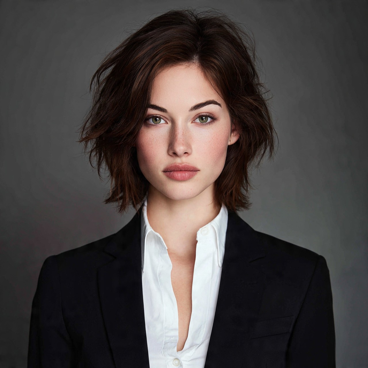Professional headshot of a woman with short, wavy brown hair wearing a black blazer and white shirt.
