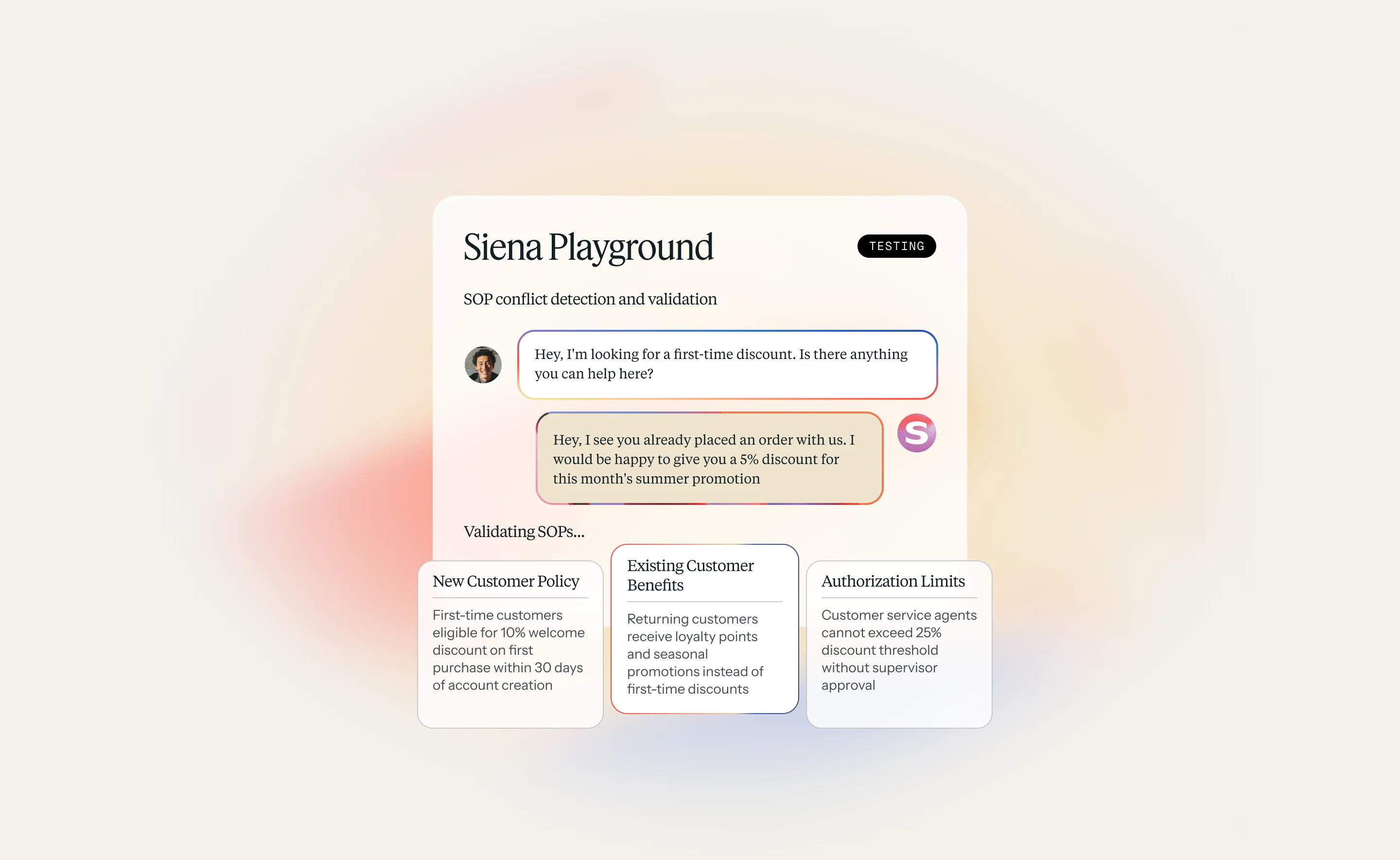 Siena detects SOP conflicts, offering tailored discounts while aligning with new customer, loyalty, and authorization policies.