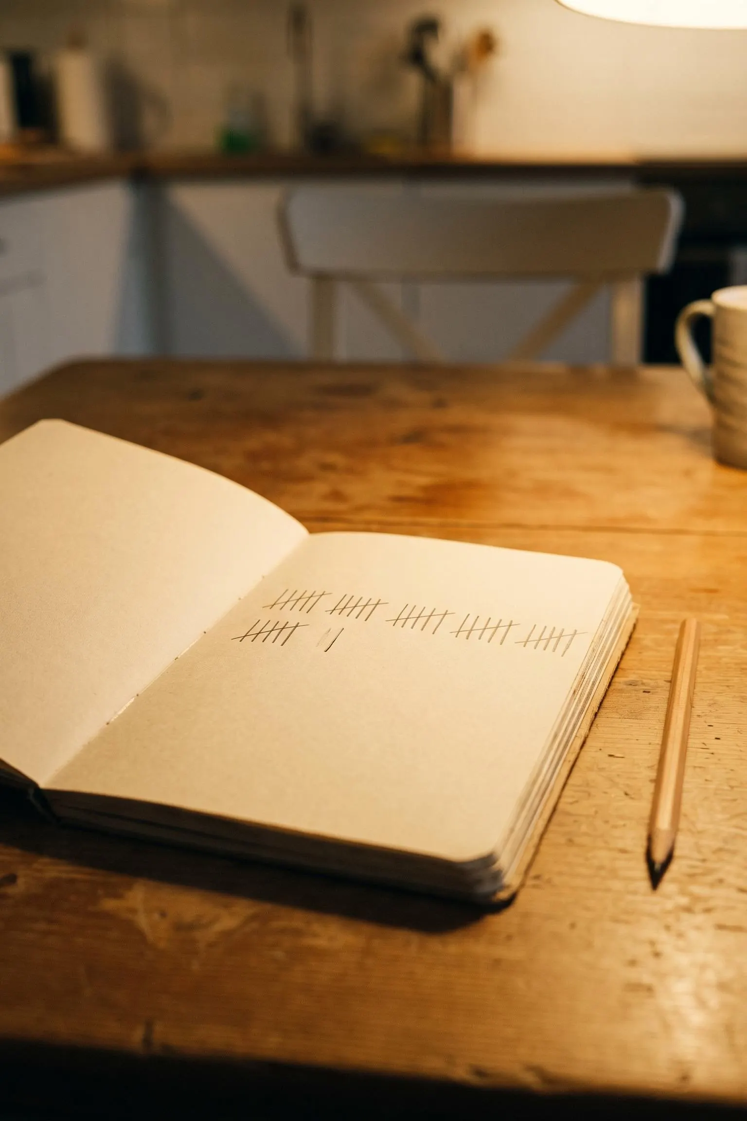 A pocket notebook on a kitchen table with a run of pencil tally marks and one small gap