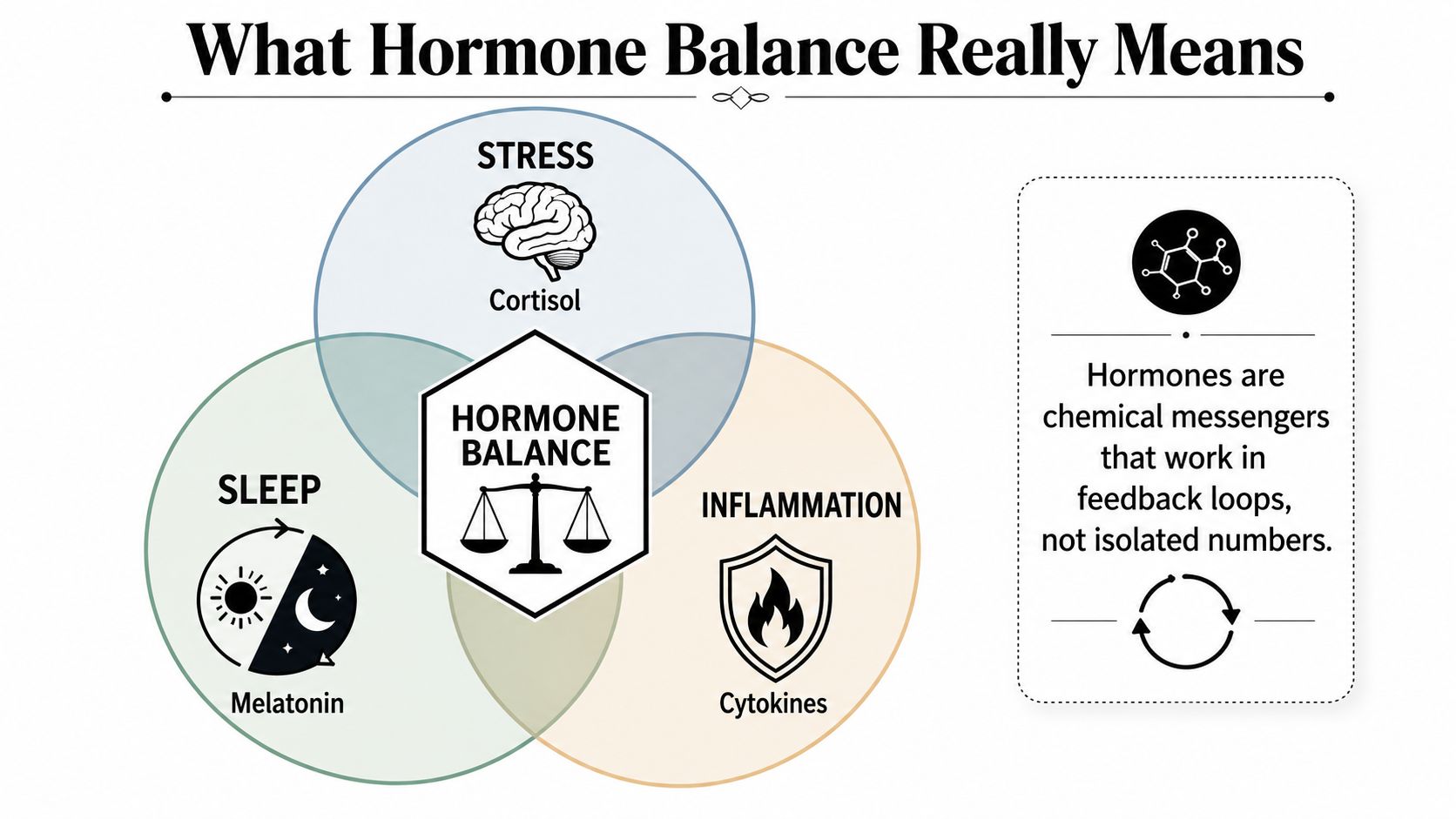 A diagram illustrating how stress, sleep, and inflammation interact to maintain overall hormone balance and health.