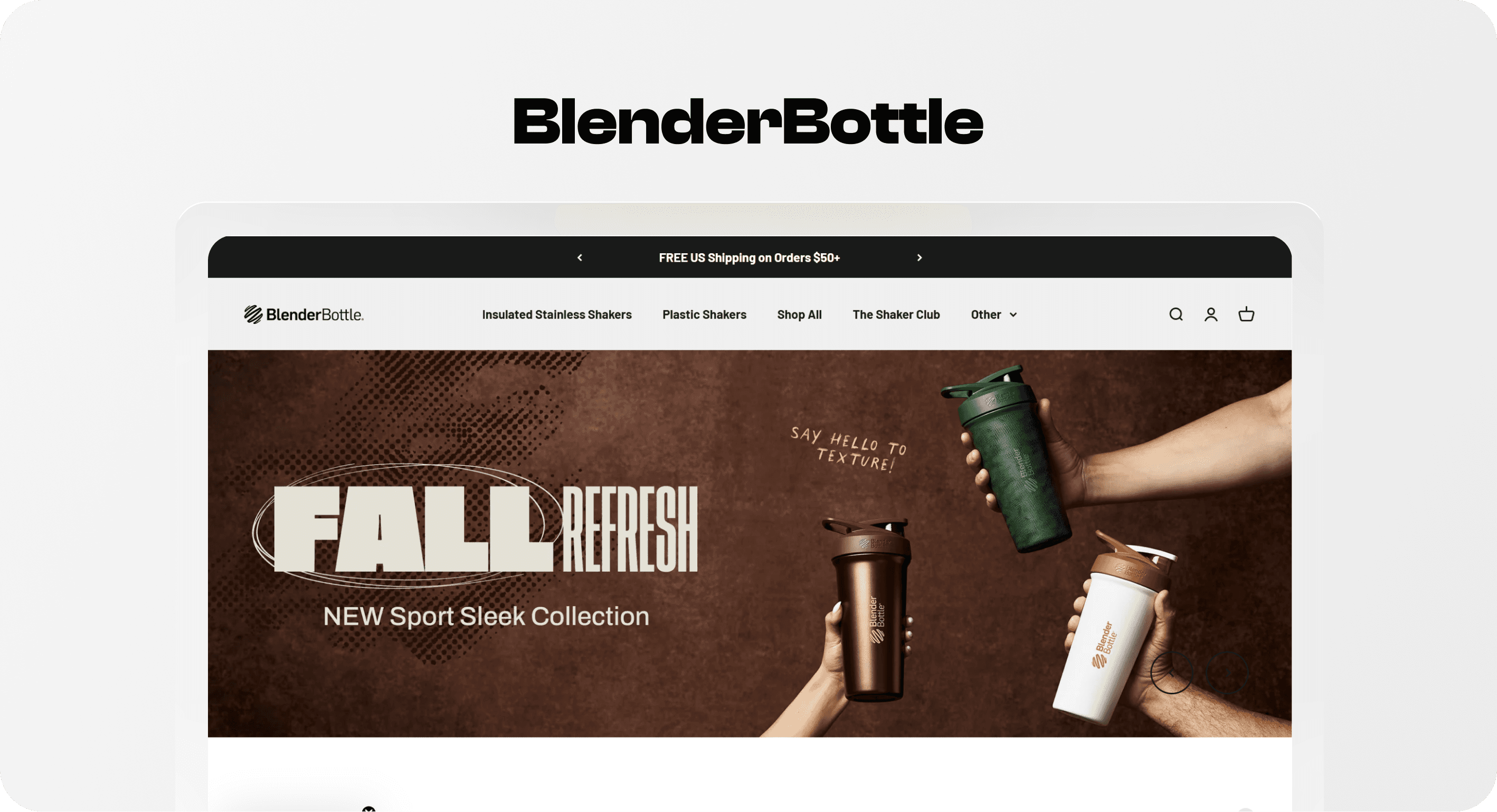 BlenderBottle homepage with insulated and plastic shaker categories and the Sport Sleek collection.