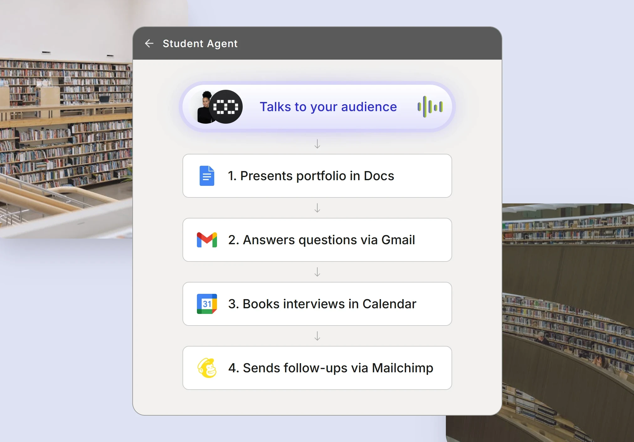 Automated student system workflow showing interview scheduling