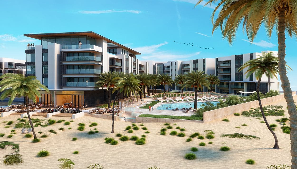 Scenic overview of Pearl Jumeirah, featuring elegant homes and lush landscapes along the picturesque coastline.
