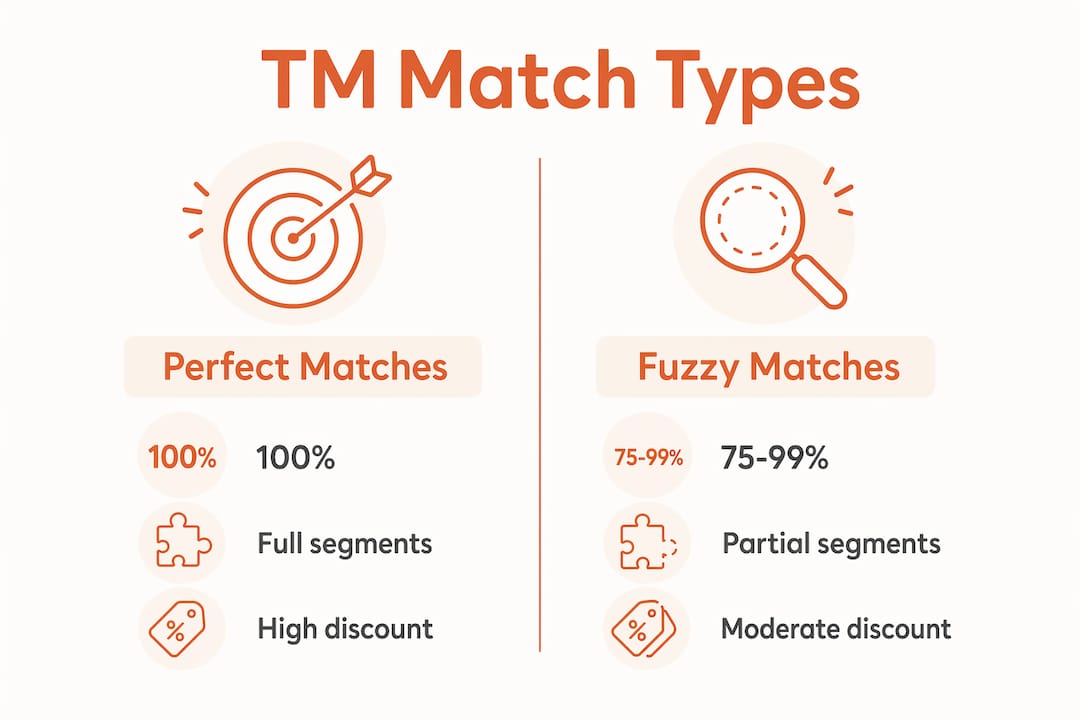 Infographic comparing perfect and fuzzy translation memory matches