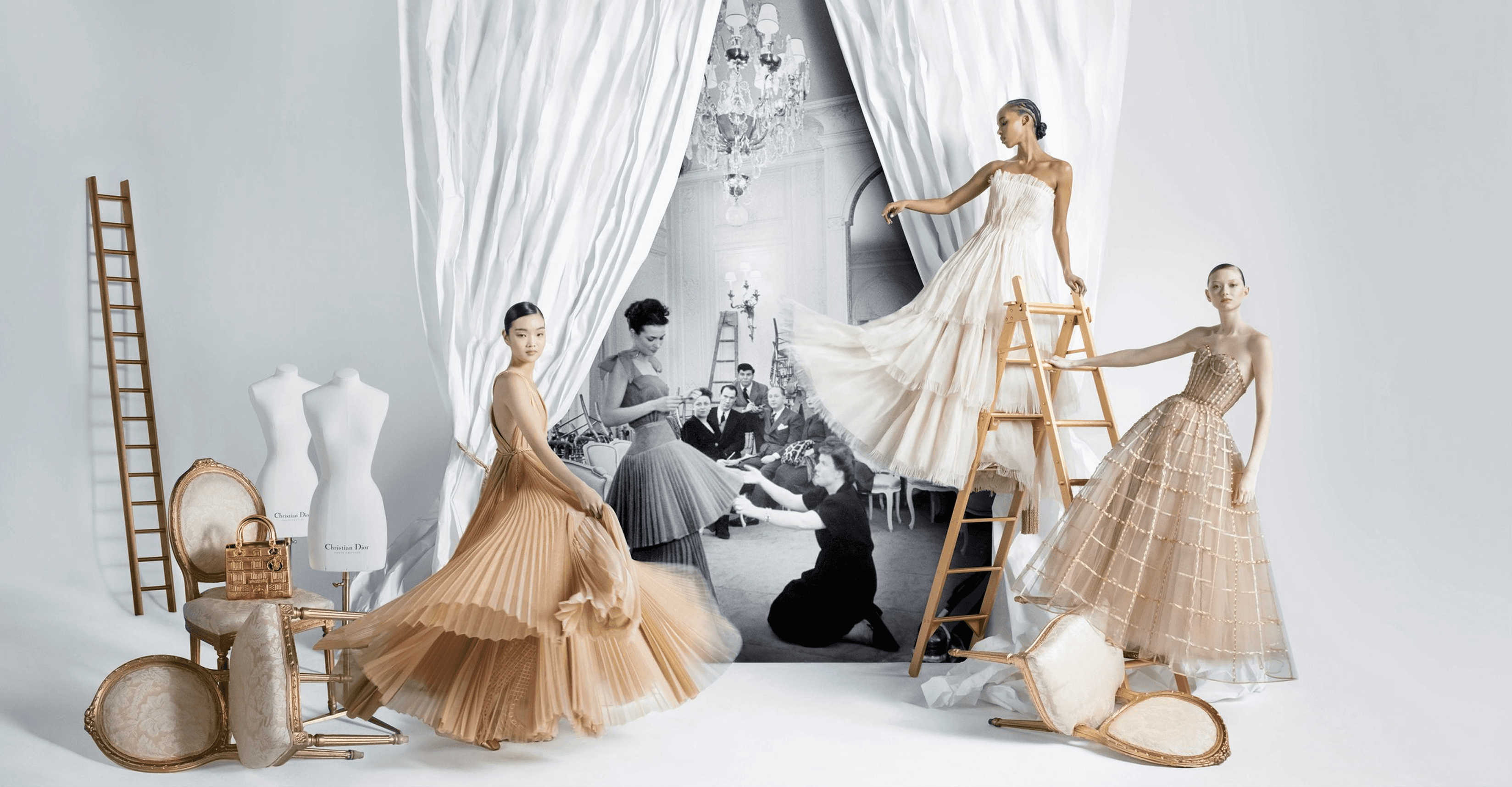 Dior case study cover, models in couture dresses in a fashion atelier