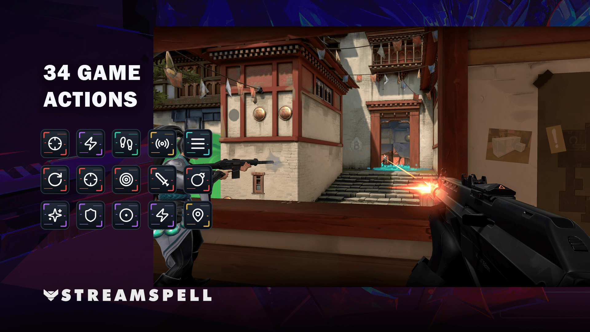 VALORANT Stream Deck pages showing combat, abilities, movement, communication and interface controls