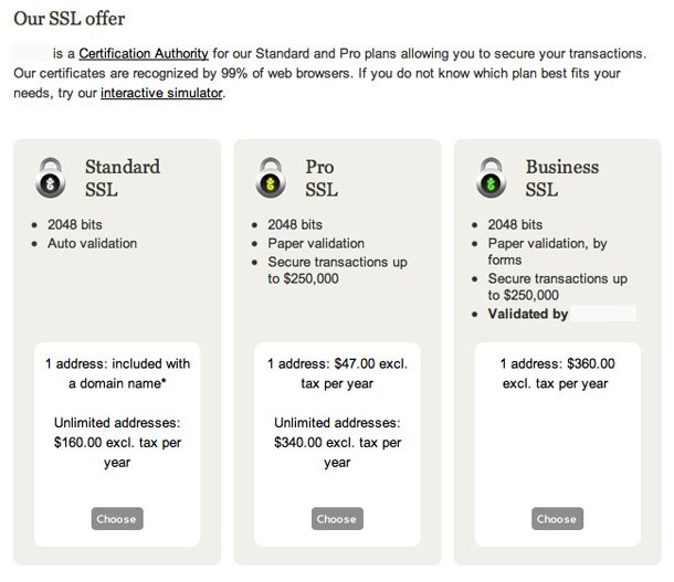 showing specifications of different SSL options
