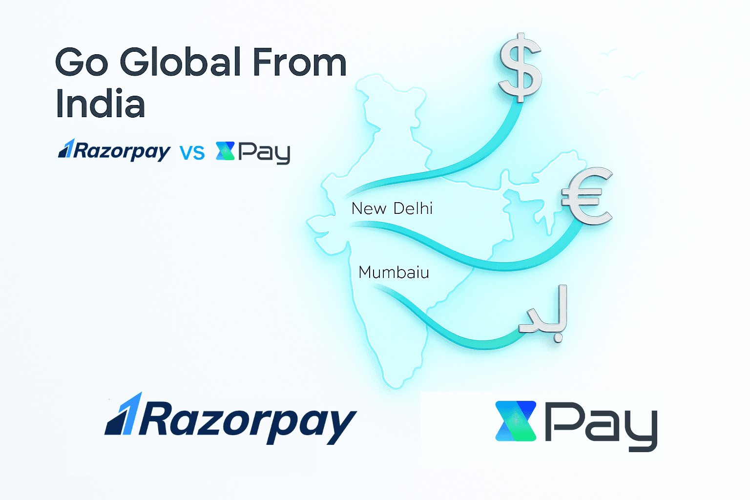 Infographic comparing Razorpay and XPay with an embossed map of India on a white gradient background. Blue-green lines extend from New Delhi, Mumbai, and Bengaluru toward currency symbols ($, €, د.إ). Headline reads 'Go Global From India', with a subheadline 'Razorpay vs XPay'. Logos of both payment platforms appear at the bottom, and the XPay logo is faintly watermarked in the corner.