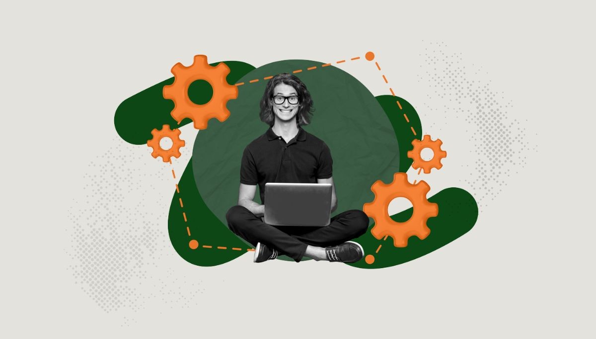 Illustration of a developer with a laptop surrounded by abstract gears and connected lines, symbolizing building, technology, and agent systems.