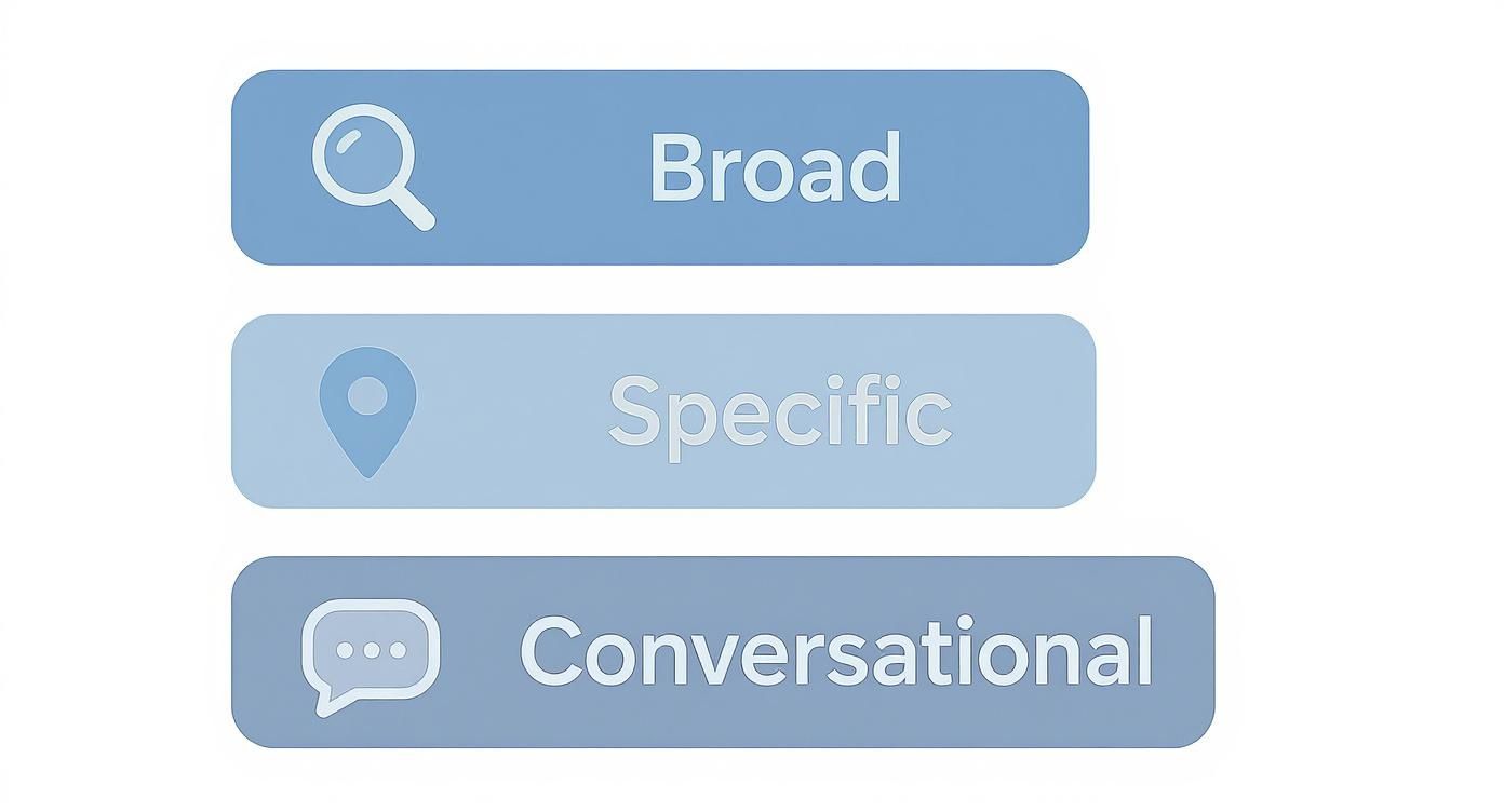 Three blue buttons labeled 'Broad', 'Specific', and 'Conversational' with corresponding icons.