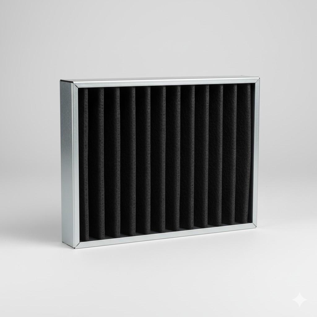 Carbon cloth filter with porous activated fibers for trapping odors and harmful gases.