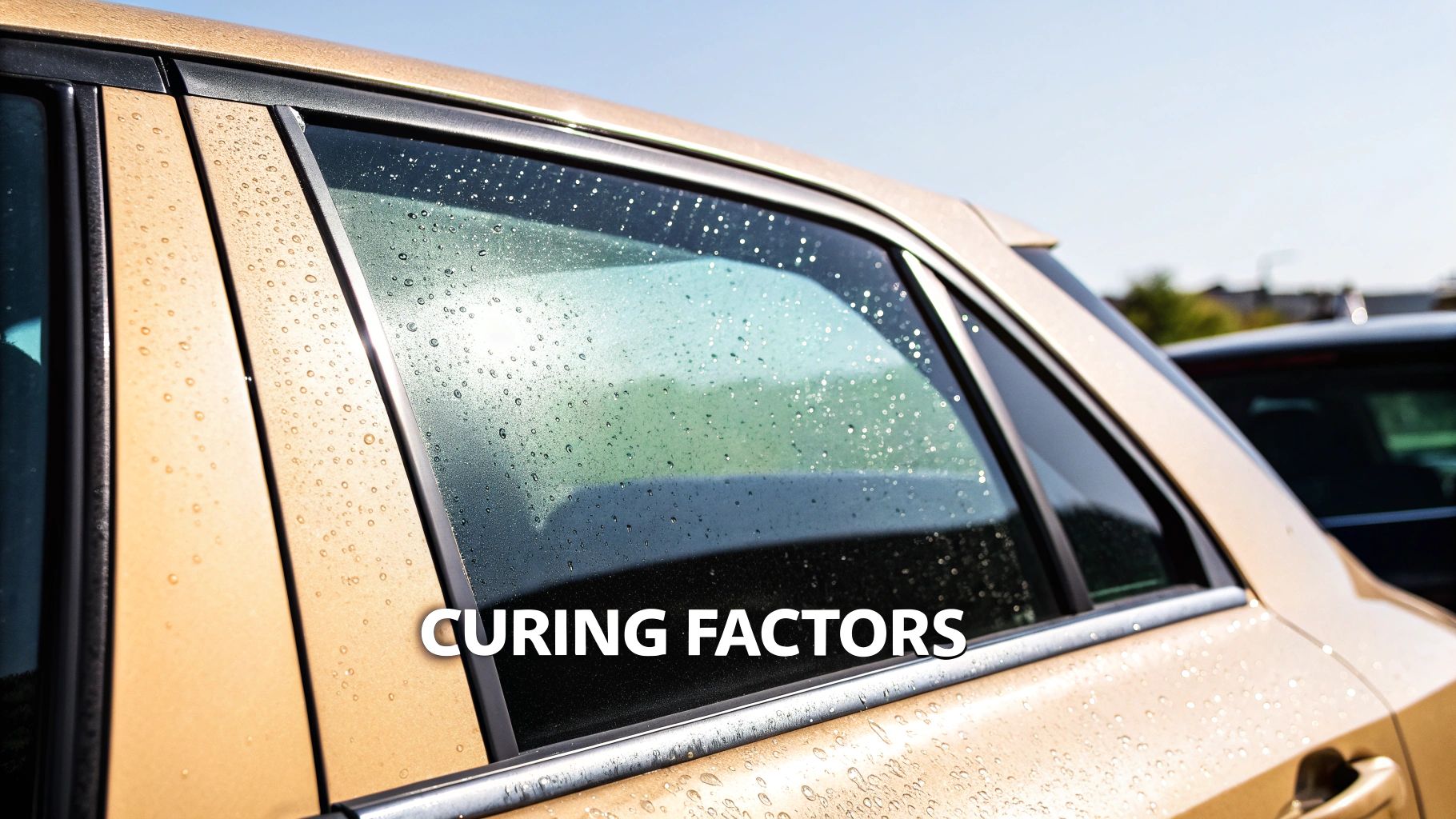 Gold car's side window and body covered in numerous water droplets under a sunny sky.