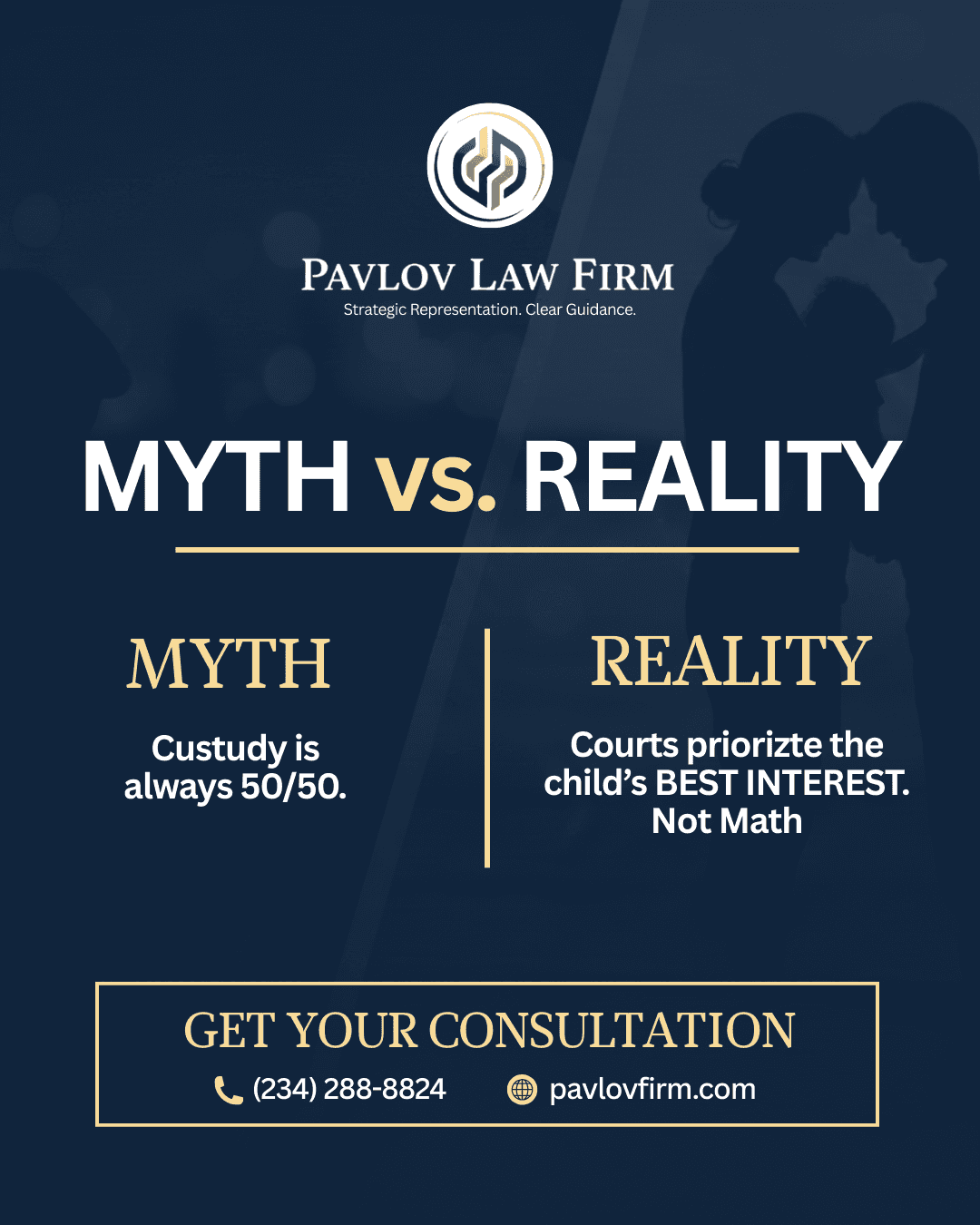 Navy blue legal services graphic comparing custody myths versus reality with consultation call to action