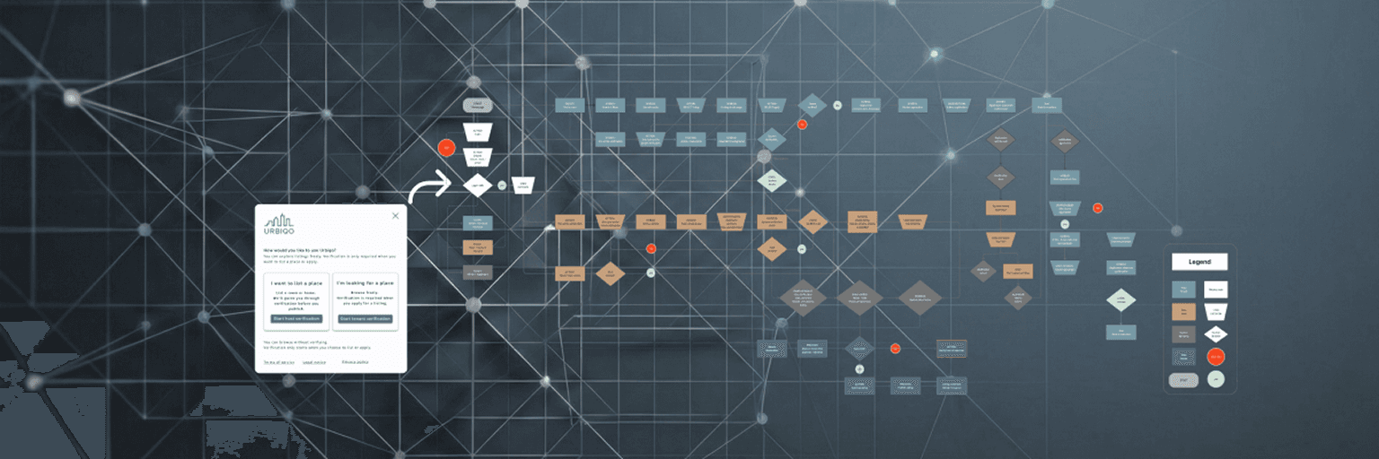 Abstract digital interface with graphs and a user flow in a tech-themed design.