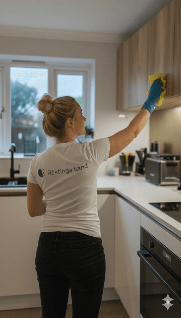 Starfsmaður að þurrka rykk af efri skápum og hillum í eldhúsi á heimili.