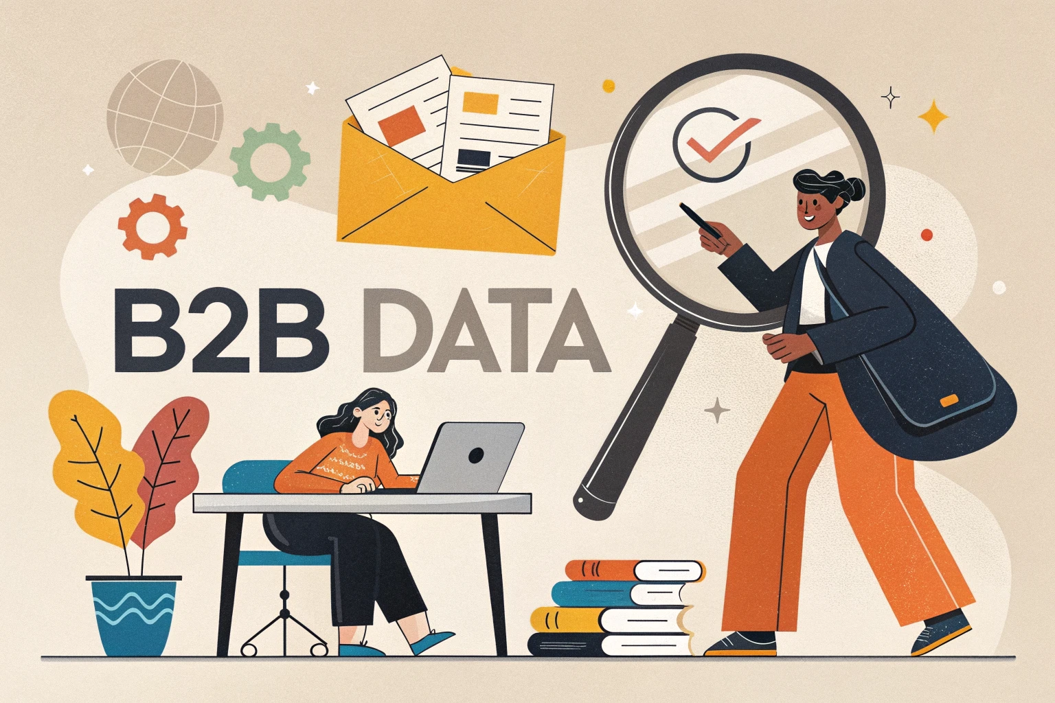 Salesperson inspecting contact cards through a magnifying glass, B2B DATA, orange coral mustard cobalt palette