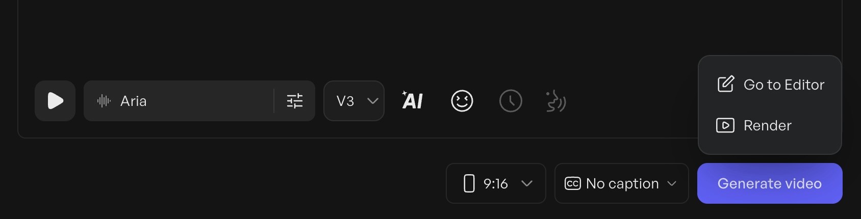 Creatify AI interface - selection "Go to editor" or "Render"