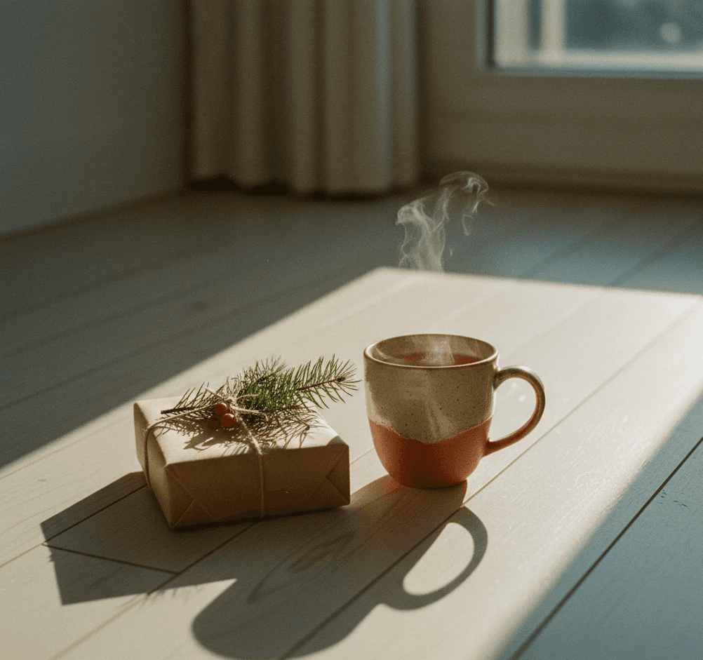 Christmas gift box and cup of tea